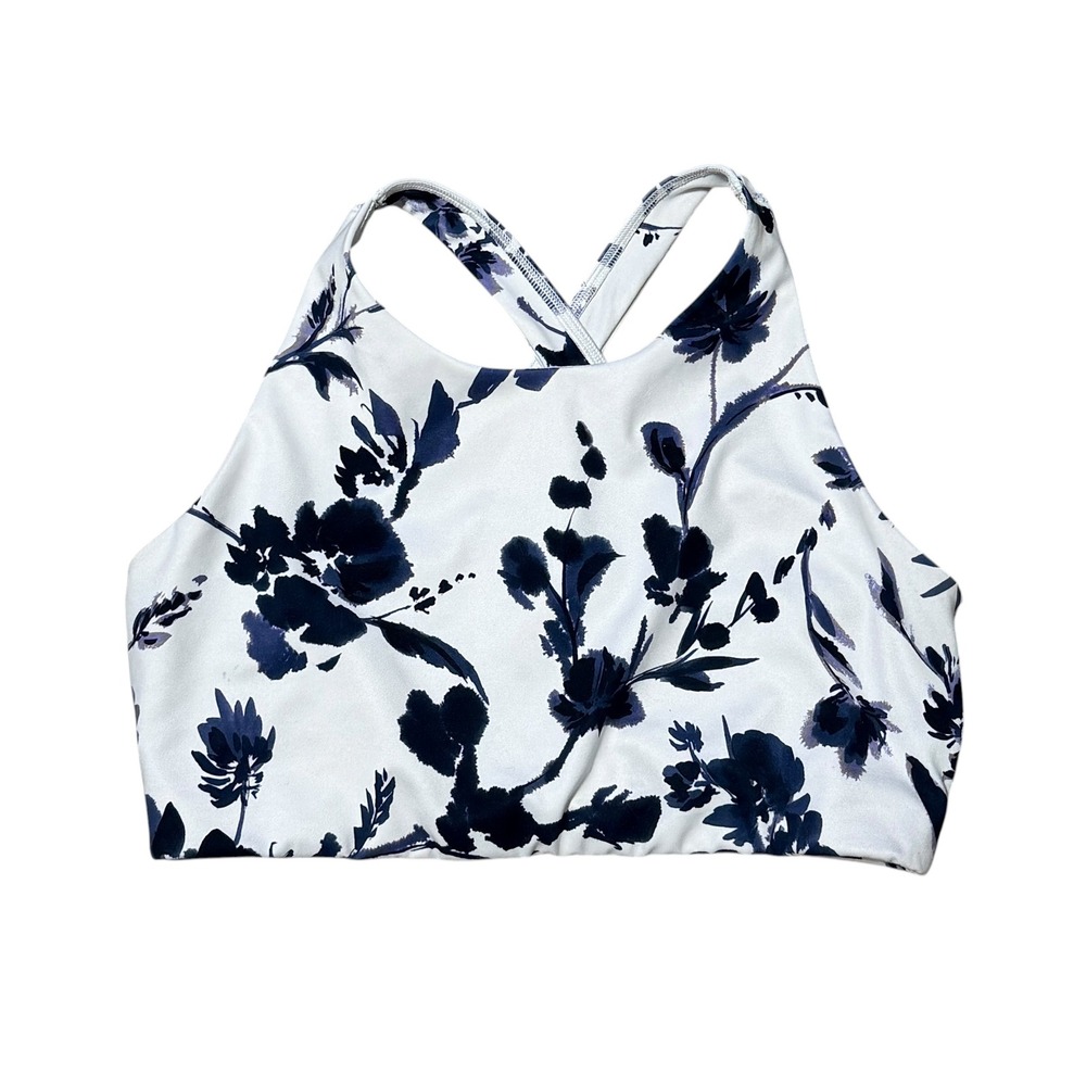 Athleta High Neck Floral Cross Back Sports Bra White Navy Blue SP18 212233 Large